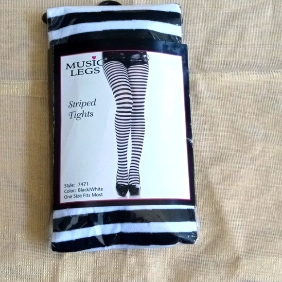 🎶 Music Legs Nylon Opaque Striped Tights One Size Black/White Stripe *NWOT* - Picture 2 of 8